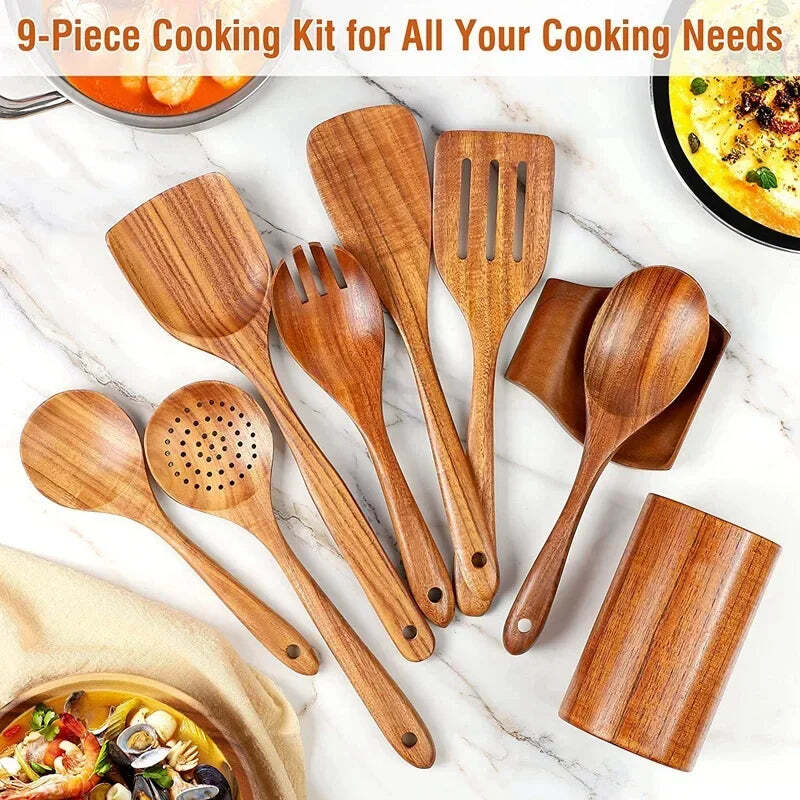 Image of Natural teak wooden cooking utensils set with spoon rest and holder for non-stick cookware