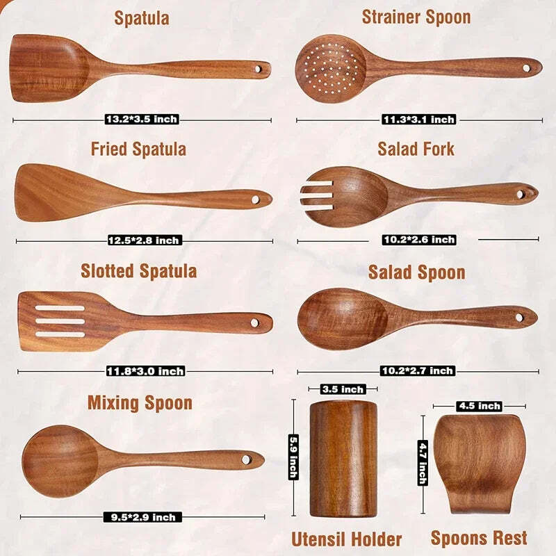 Image of Natural teak wooden cooking utensils set with spoon rest and holder for non-stick cookware