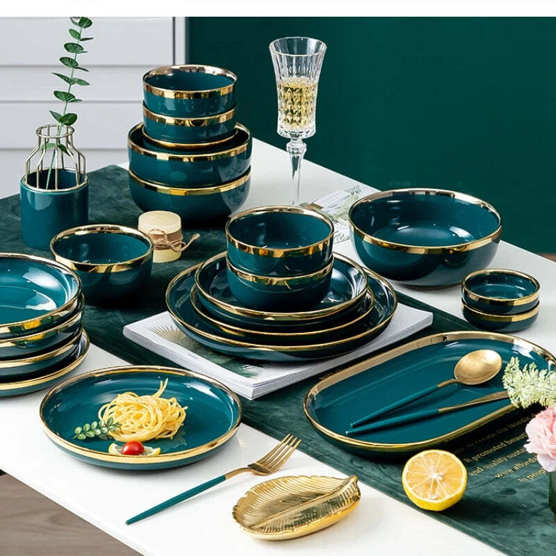 Image of Nordic ceramic green and white dinnerware set with gold trim