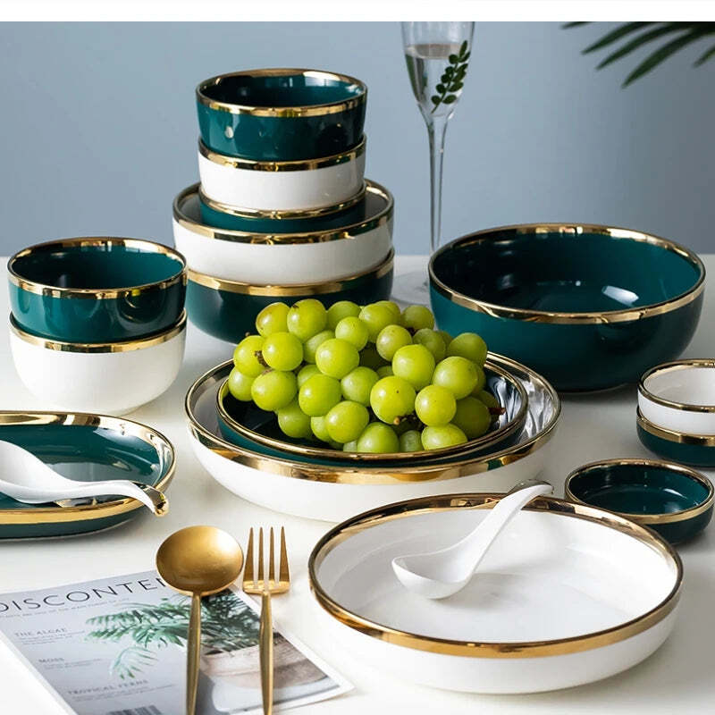 Image of Nordic ceramic green and white dinnerware set with gold trim