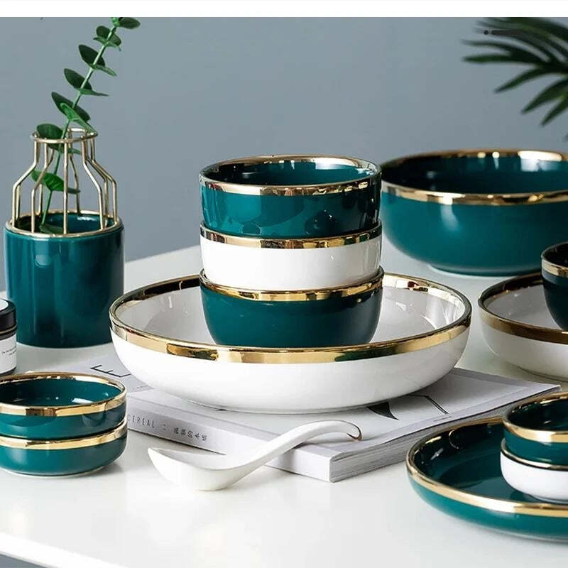 Image of Nordic ceramic green and white dinnerware set with gold trim