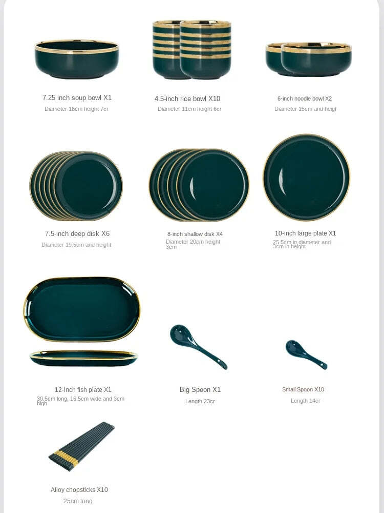 Image of Nordic ceramic green and white dinnerware set with gold trim