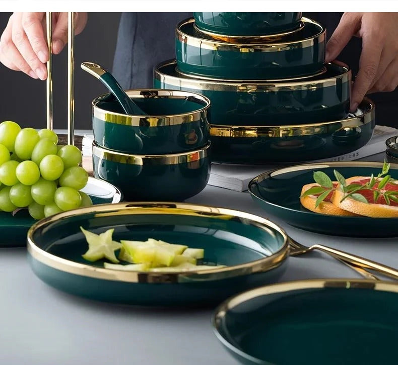 Image of Nordic ceramic green and white dinnerware set with gold trim