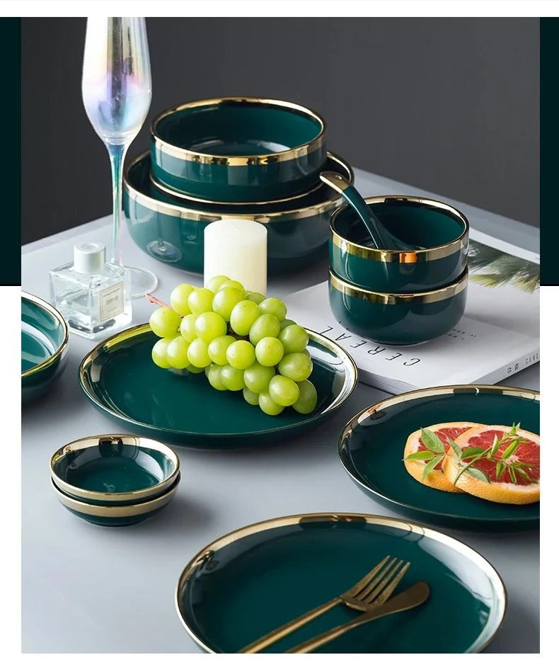 Image of Nordic ceramic green and white dinnerware set with gold trim