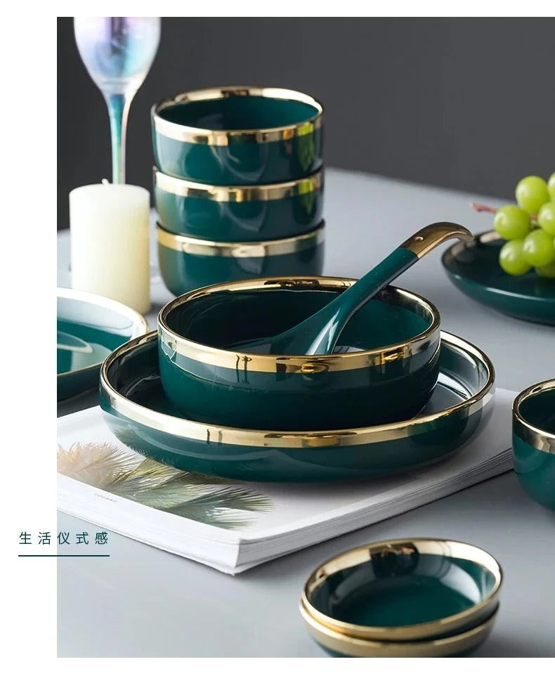 Image of Nordic ceramic green and white dinnerware set with gold trim