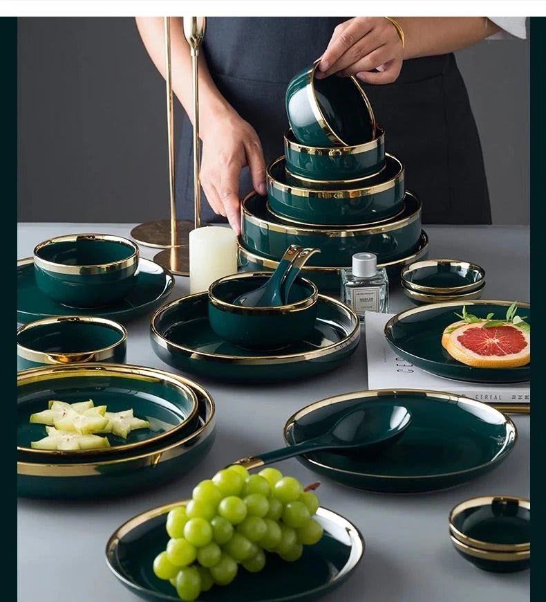 Image of Nordic ceramic green and white dinnerware set with gold trim