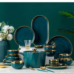 Image of Nordic ceramic green and white dinnerware set with gold trim