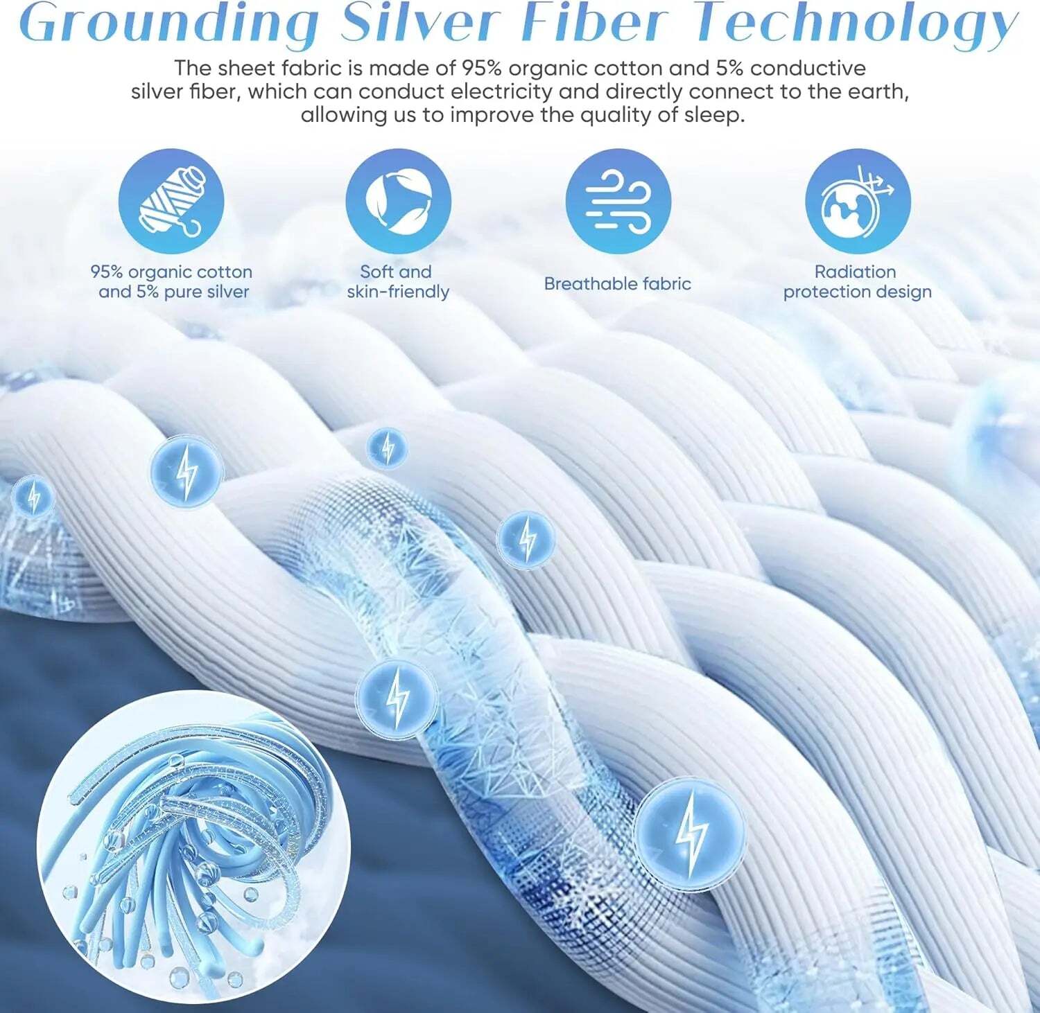 Image of Organic cotton grounding bed sheets with silver fiber for improved sleep quality