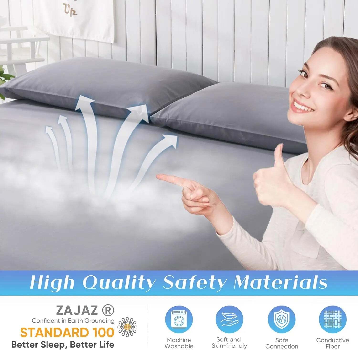 Image of Organic cotton grounding bed sheets with silver fiber for improved sleep quality