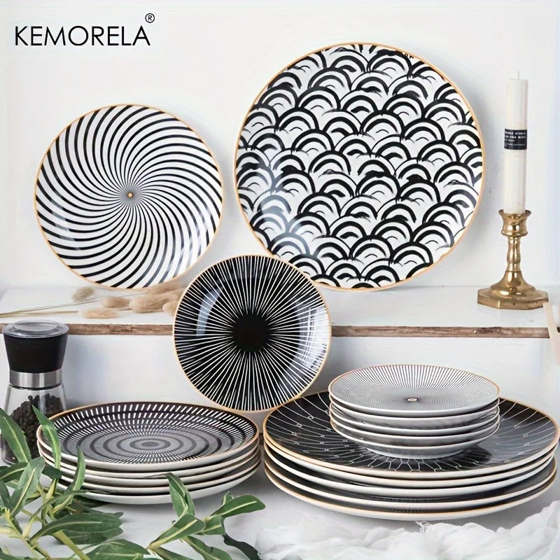 Image of Phnom Penh geometry ceramic dinnerware set - elegant porcelain plates for serving and dining