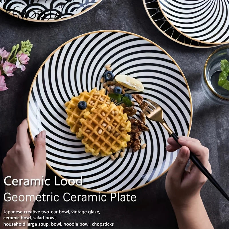 Image of Phnom Penh geometry ceramic dinnerware set - elegant porcelain plates for serving and dining