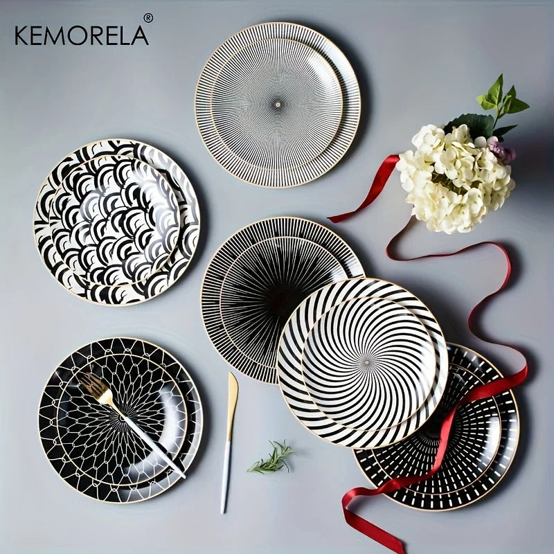 Image of Phnom Penh geometry ceramic dinnerware set - elegant porcelain plates for serving and dining