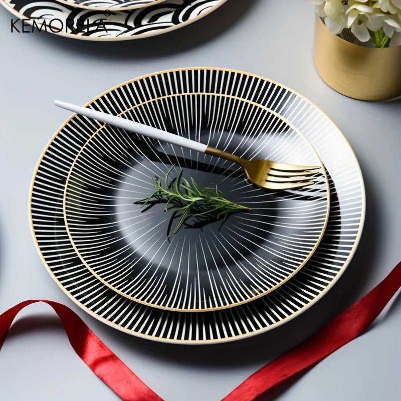 Image of Phnom Penh geometry ceramic dinnerware set - elegant porcelain plates for serving and dining