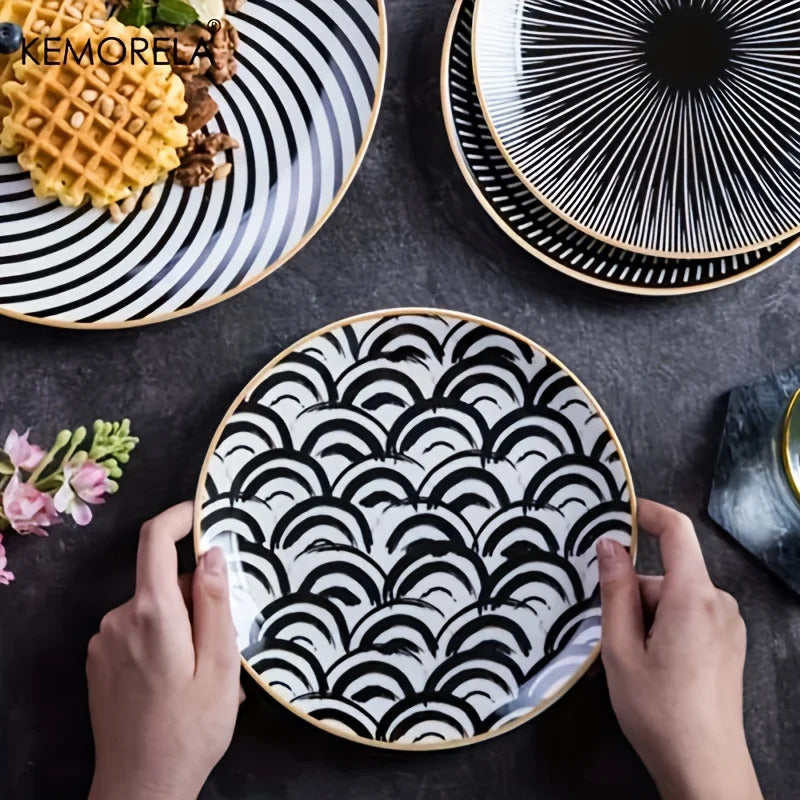 Image of Phnom Penh geometry ceramic dinnerware set - elegant porcelain plates for serving and dining