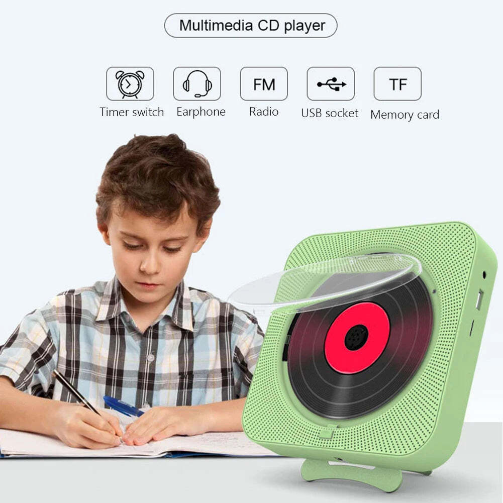 Image of Portable wall-mounted Bluetooth CD player with FM radio and remote control