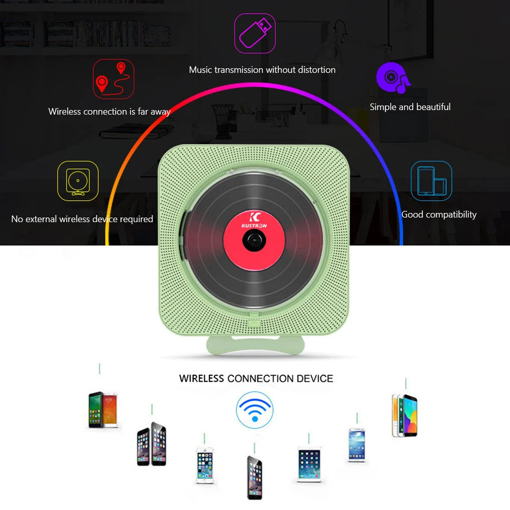 Image of Portable wall-mounted Bluetooth CD player with FM radio and remote control