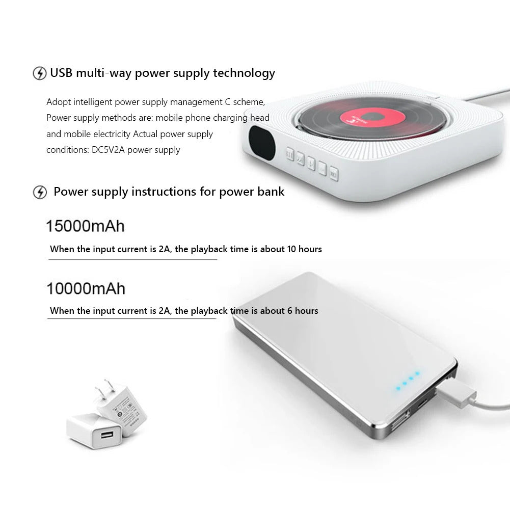 Image of Portable wall-mounted Bluetooth CD player with FM radio and remote control