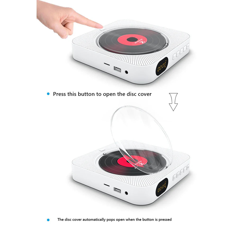 Image of Portable wall-mounted Bluetooth CD player with FM radio and remote control