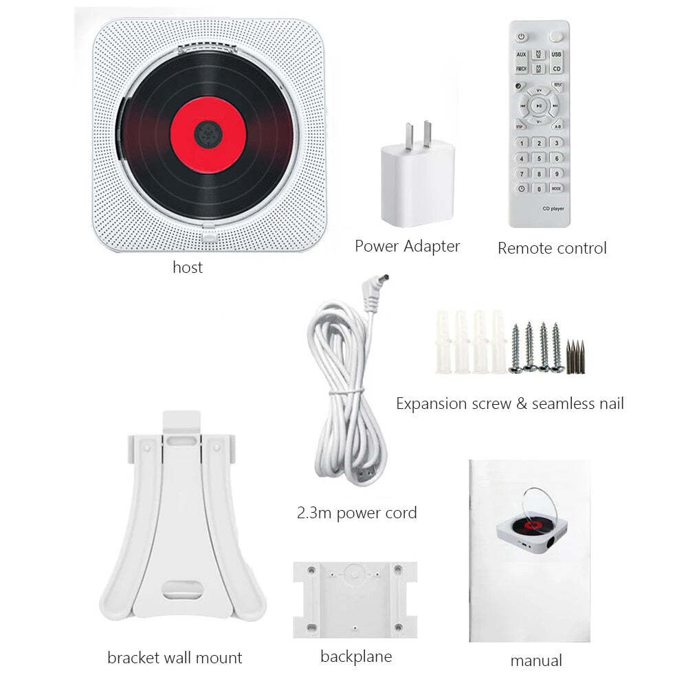 Image of Portable wall-mounted Bluetooth CD player with FM radio and remote control