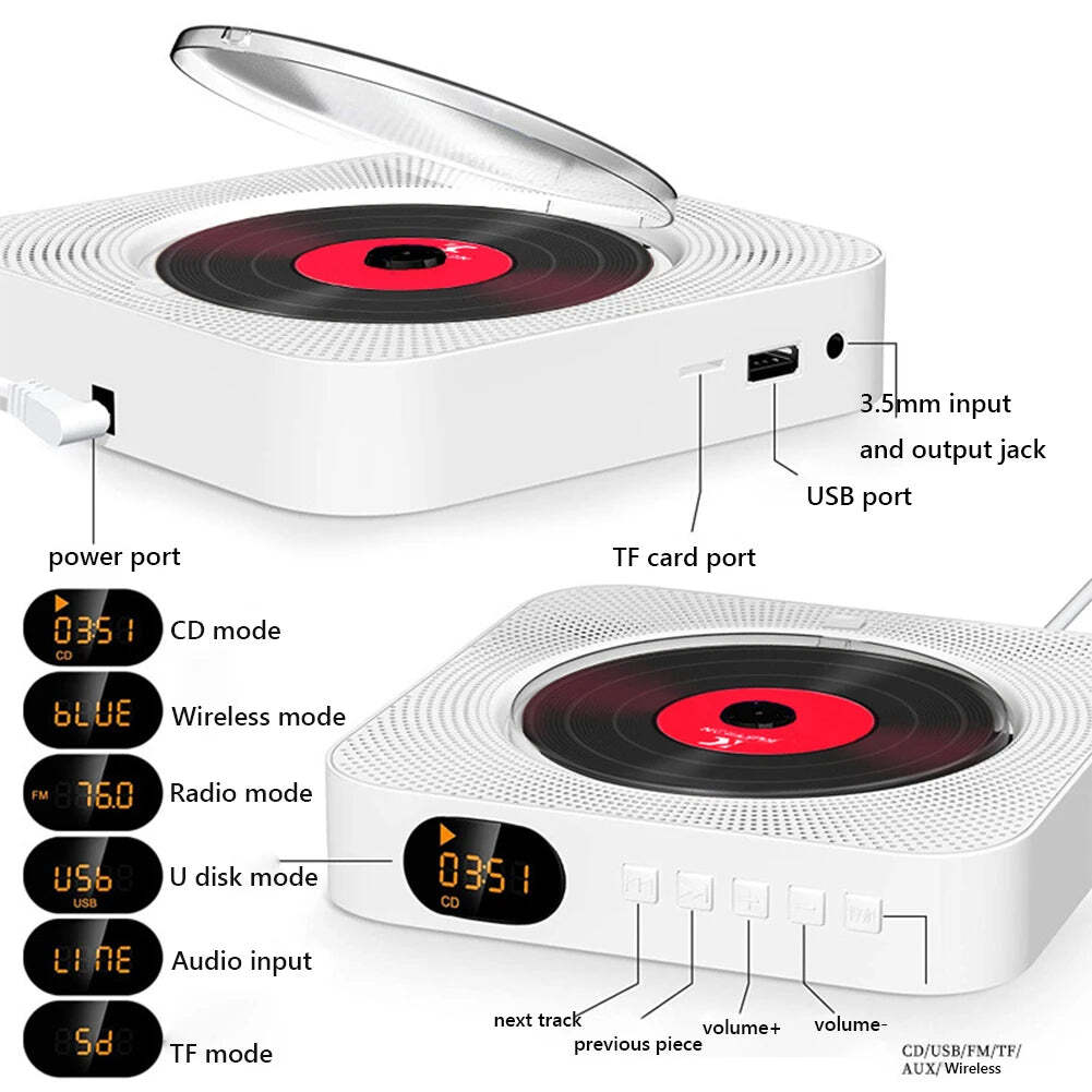 Image of Portable wall-mounted Bluetooth CD player with FM radio and remote control