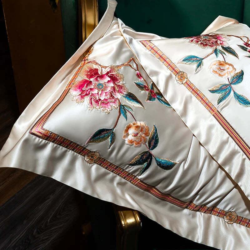 Image of Premium luxury duvet cover set with peony embroidery and ultra-soft 1200TC Egyptian cotton