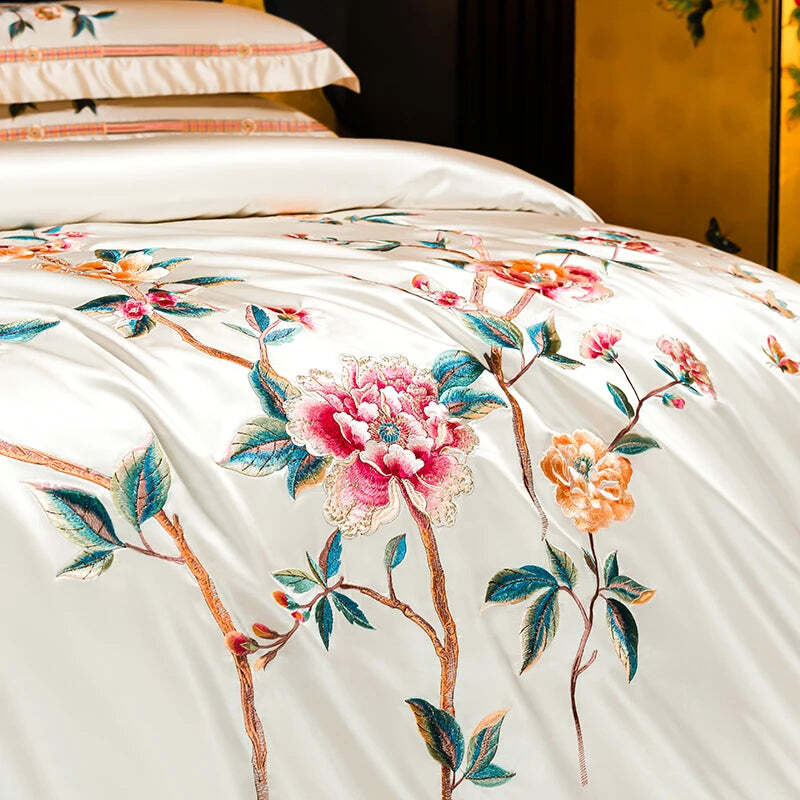 Image of Premium luxury duvet cover set with peony embroidery and ultra-soft 1200TC Egyptian cotton