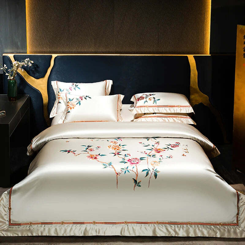 Image of Premium luxury duvet cover set with peony embroidery and ultra-soft 1200TC Egyptian cotton