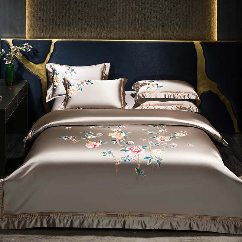 Image of Premium luxury duvet cover set with peony embroidery and ultra-soft 1200TC Egyptian cotton