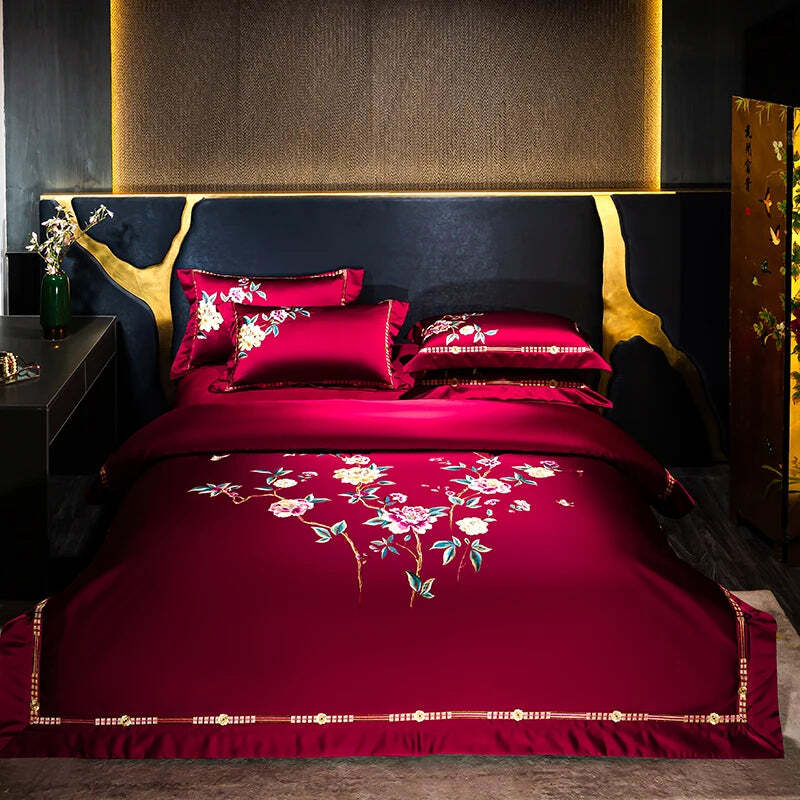 Image of Premium luxury duvet cover set with peony embroidery and ultra-soft 1200TC Egyptian cotton