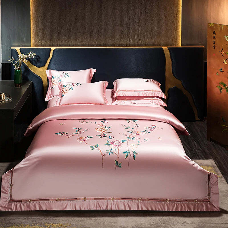 Image of Premium luxury duvet cover set with peony embroidery and ultra-soft 1200TC Egyptian cotton