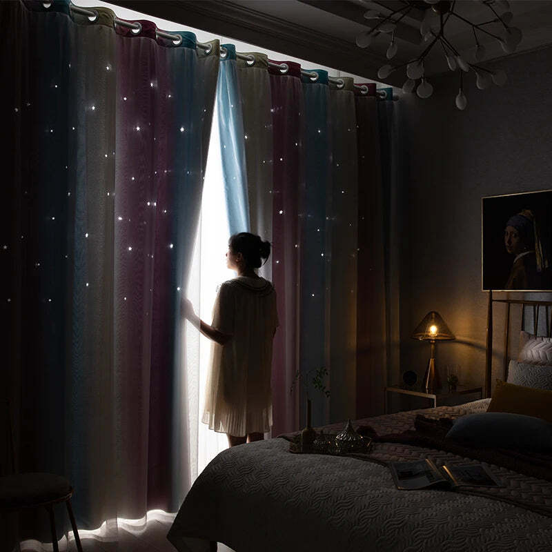 Image of Rainbow hollow-out star blackout curtains for kids' nurseries and living rooms