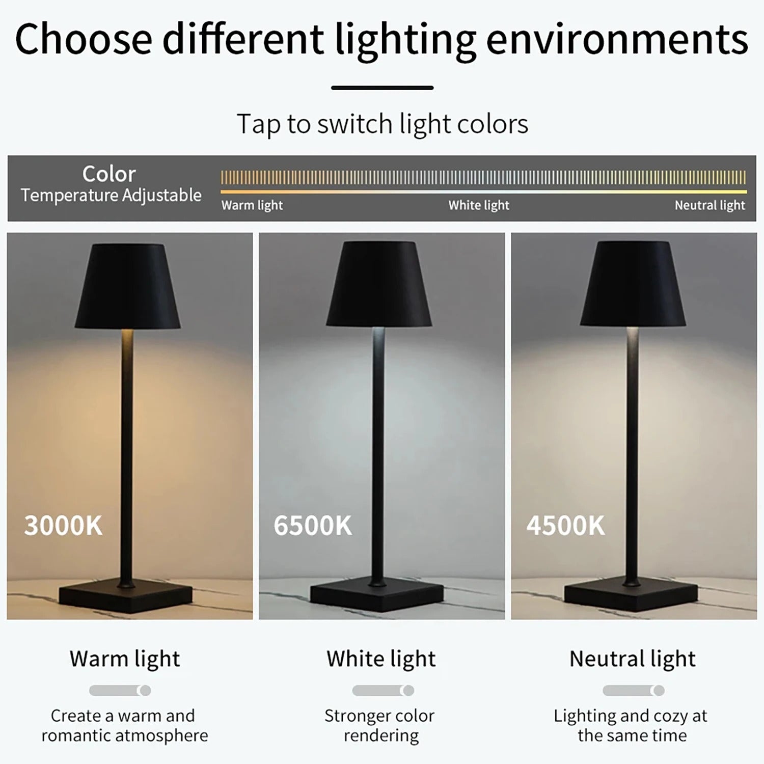 Image of Rechargeable touch sensor LED desktop lamp with adjustable brightness and USB charging