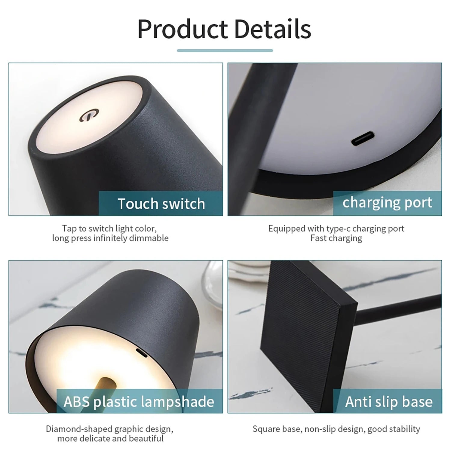 Image of Rechargeable touch sensor LED desktop lamp with adjustable brightness and USB charging