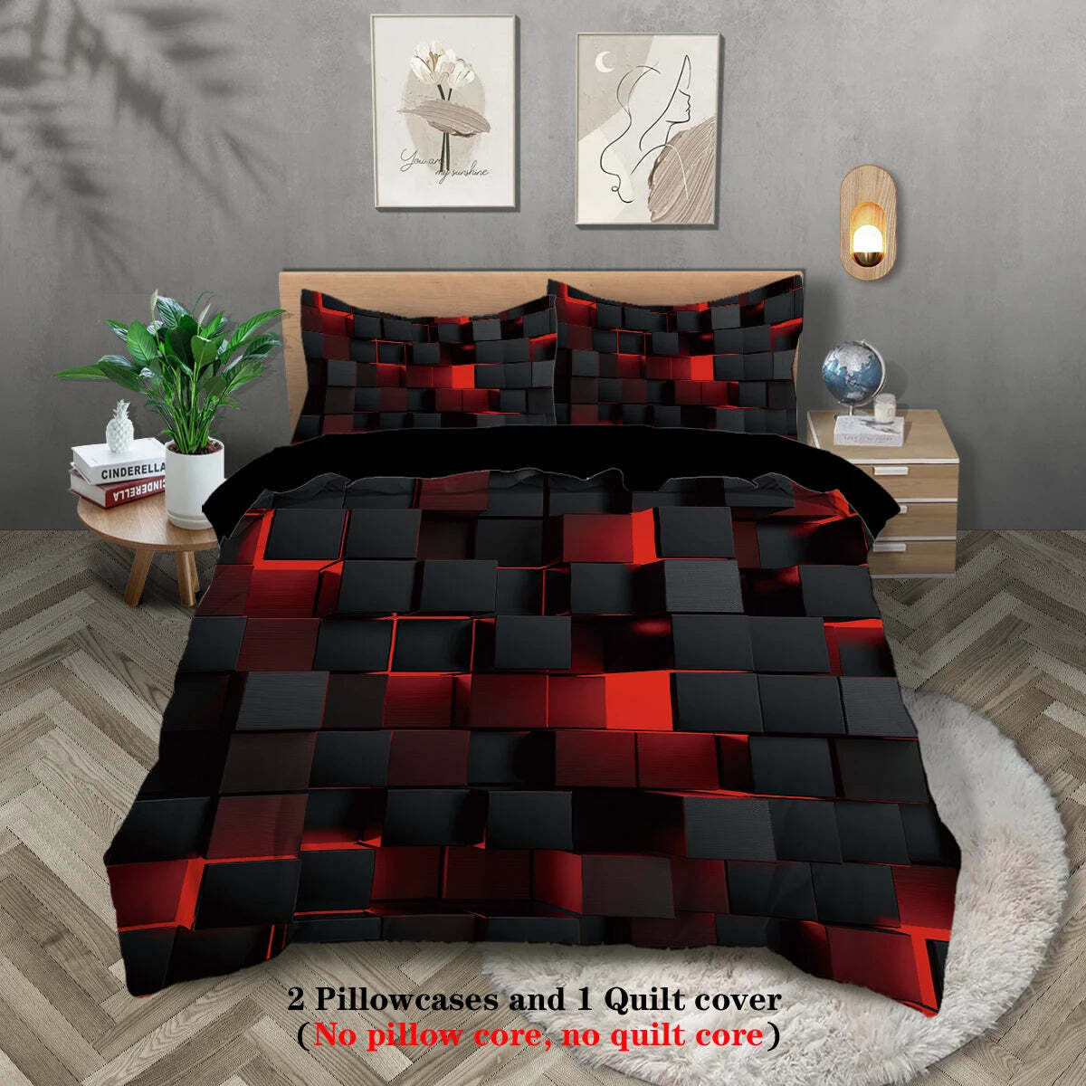 Image of Red transparent grid visual effects bedding set for modern bedrooms