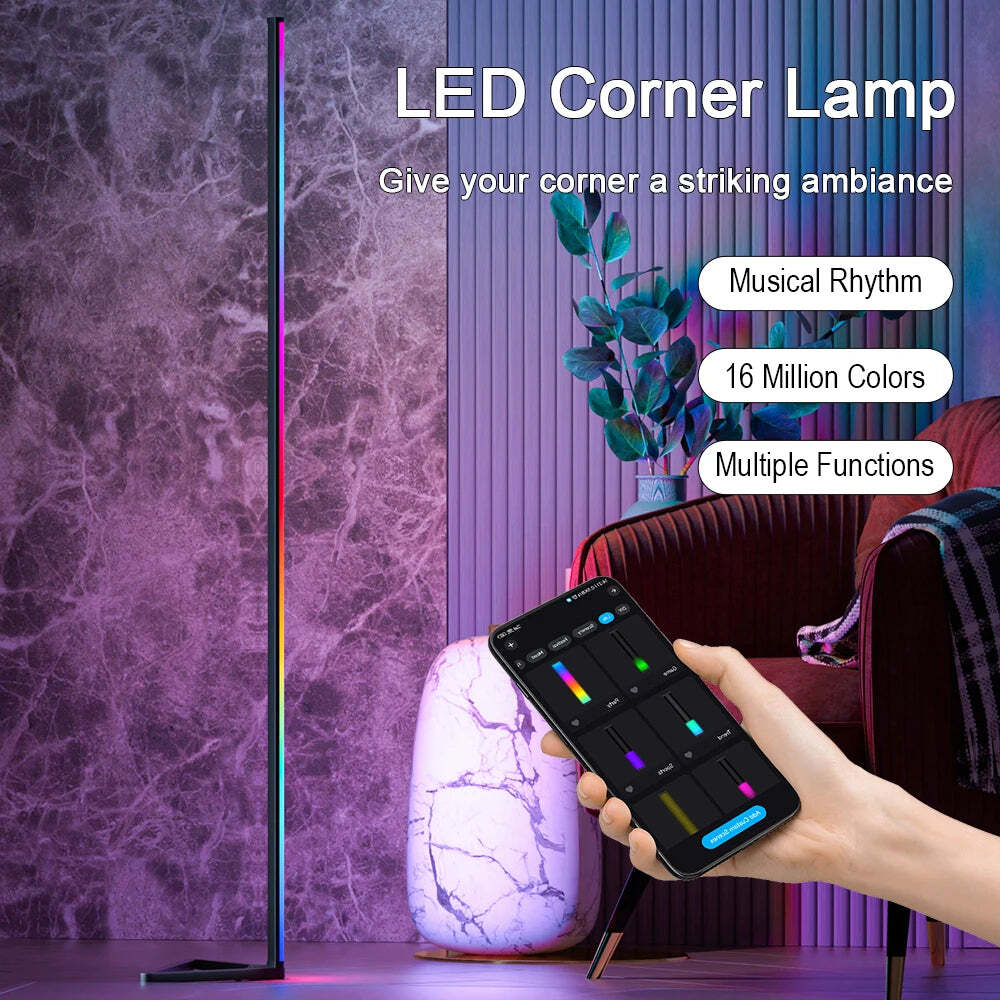 Image of RGB LED floor lamp for modern bedroom decor, dimmable corner standing lights with mood lighting effects