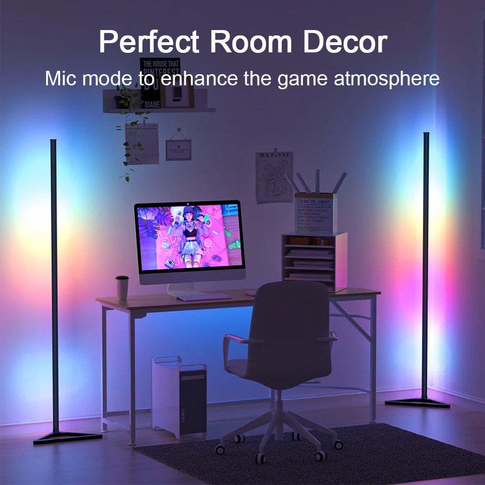 Image of RGB LED floor lamp for modern bedroom decor, dimmable corner standing lights with mood lighting effects