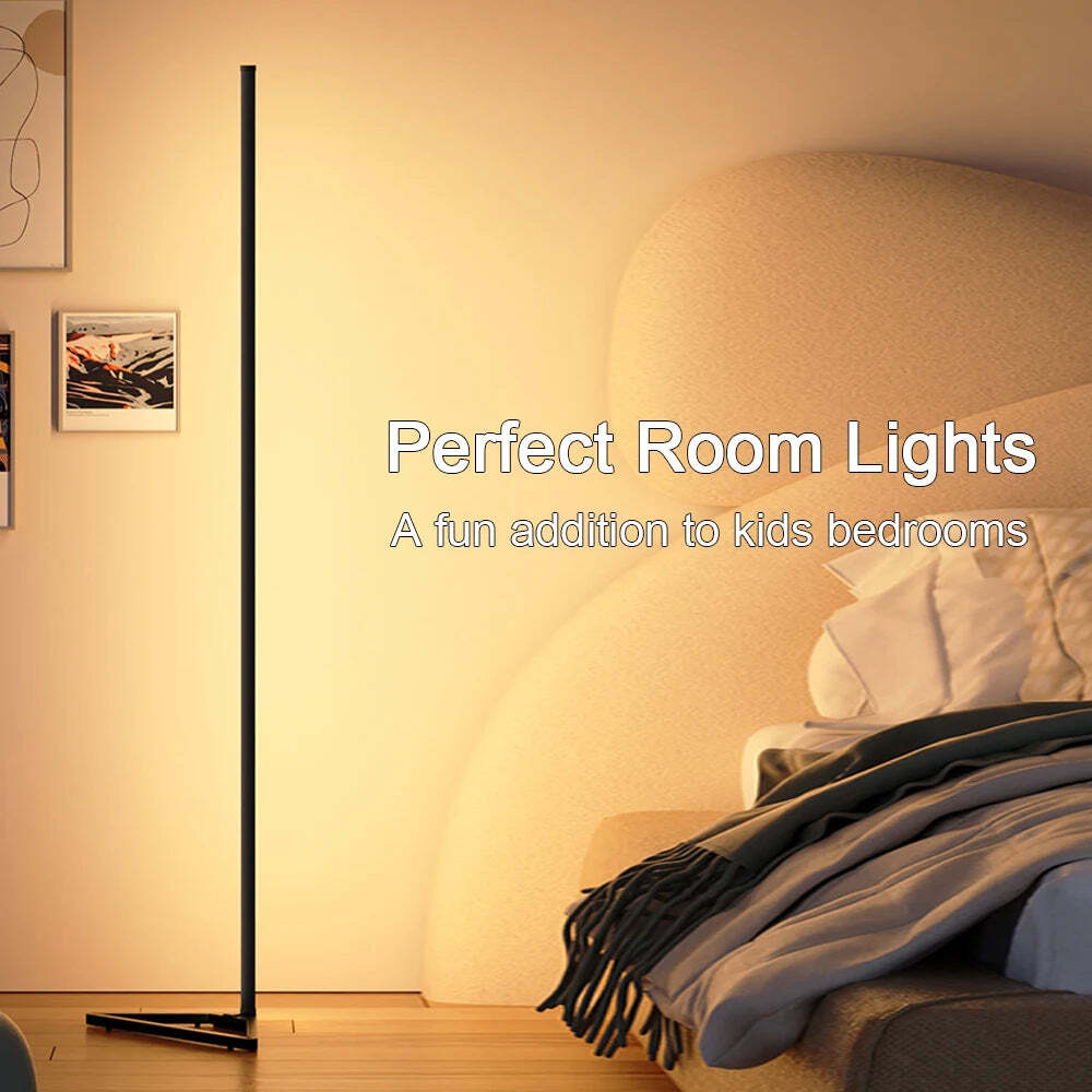 Image of RGB LED floor lamp for modern bedroom decor, dimmable corner standing lights with mood lighting effects