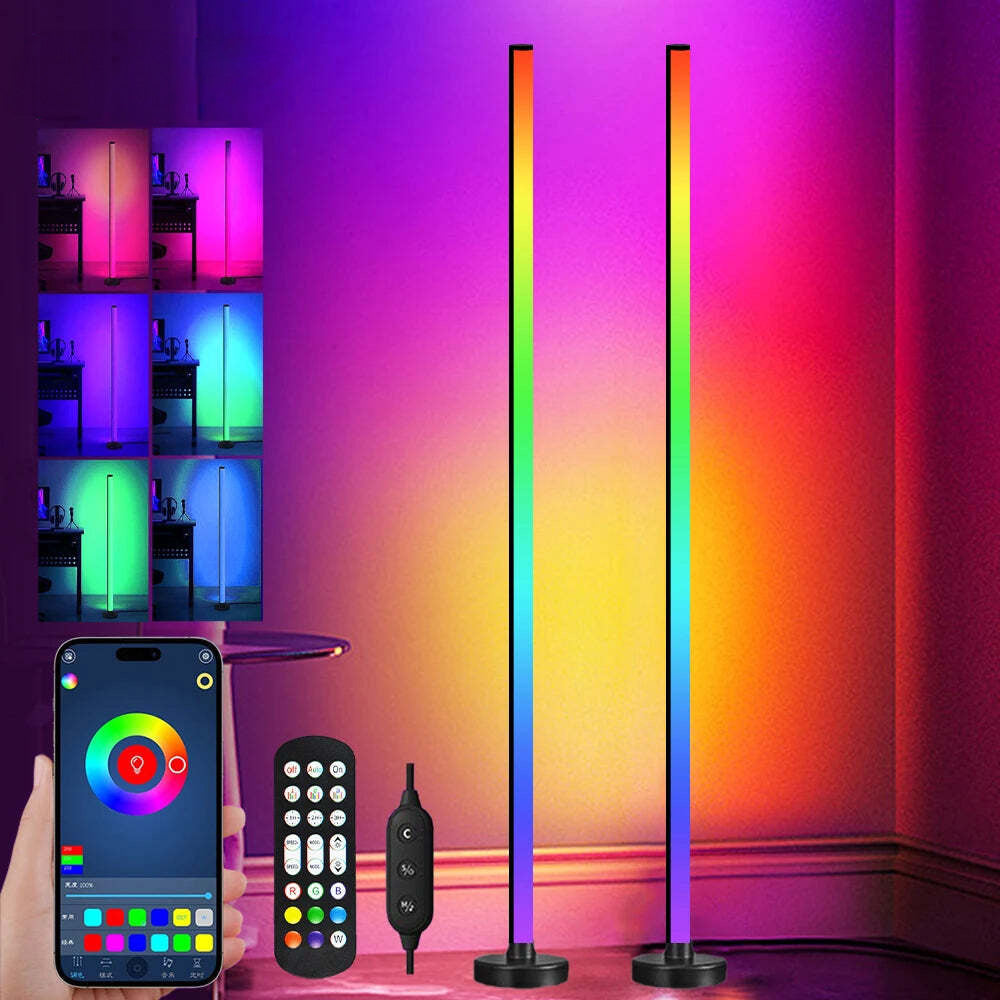 Image of RGB LED floor lamp with remote and APP control, music sync, and smart timer for modern home decor