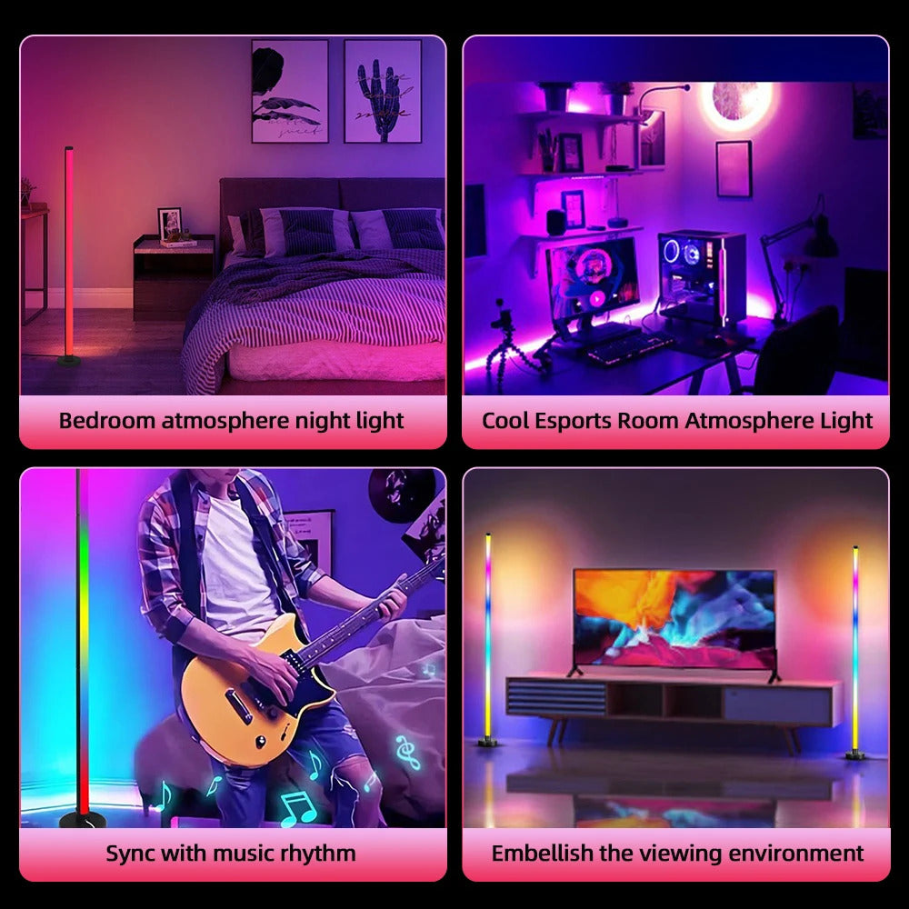 Image of RGB LED floor lamp with remote and APP control, music sync, and smart timer for modern home decor