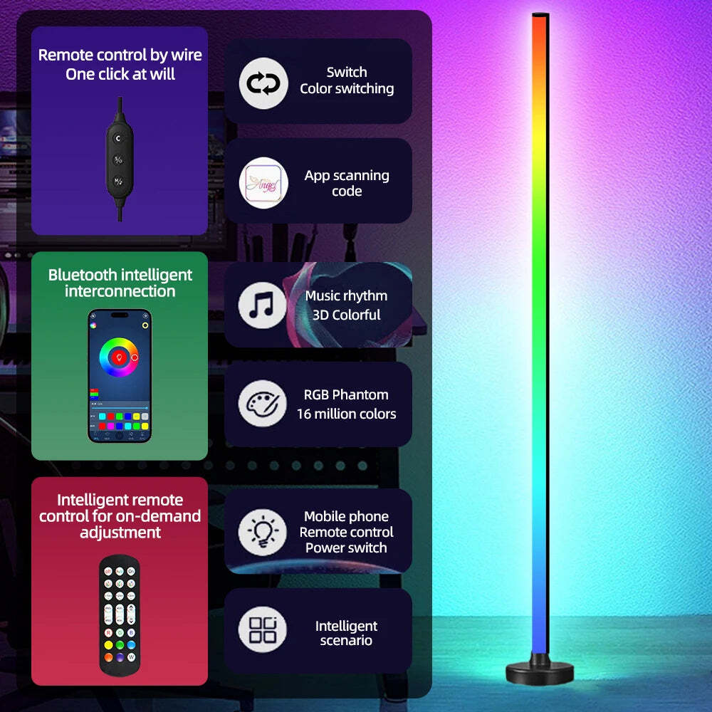 Image of RGB LED floor lamp with remote and APP control, music sync, and smart timer for modern home decor