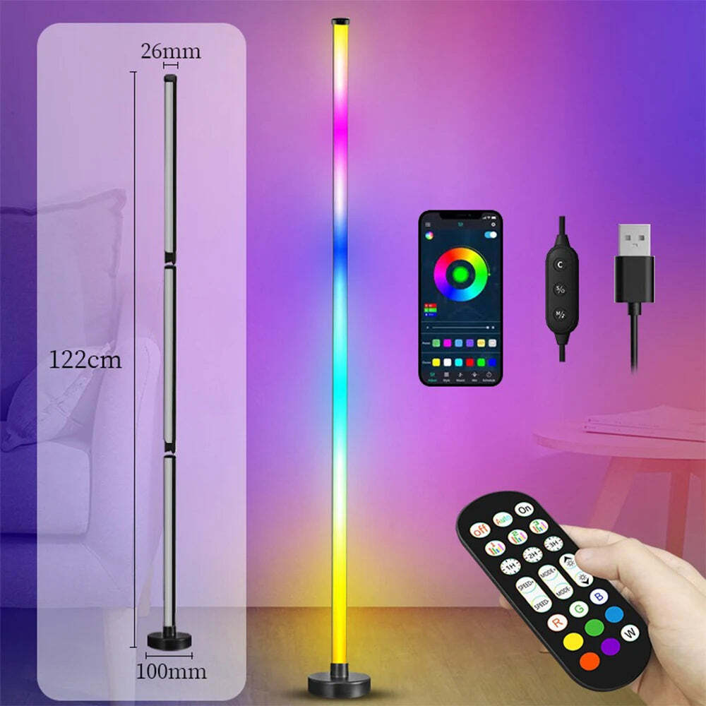 Image of RGB LED floor lamp with remote and APP control, music sync, and smart timer for modern home decor