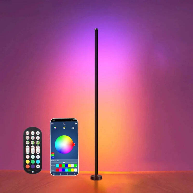 Image of RGB LED floor lamp with remote and APP control, music sync, and smart timer for modern home decor