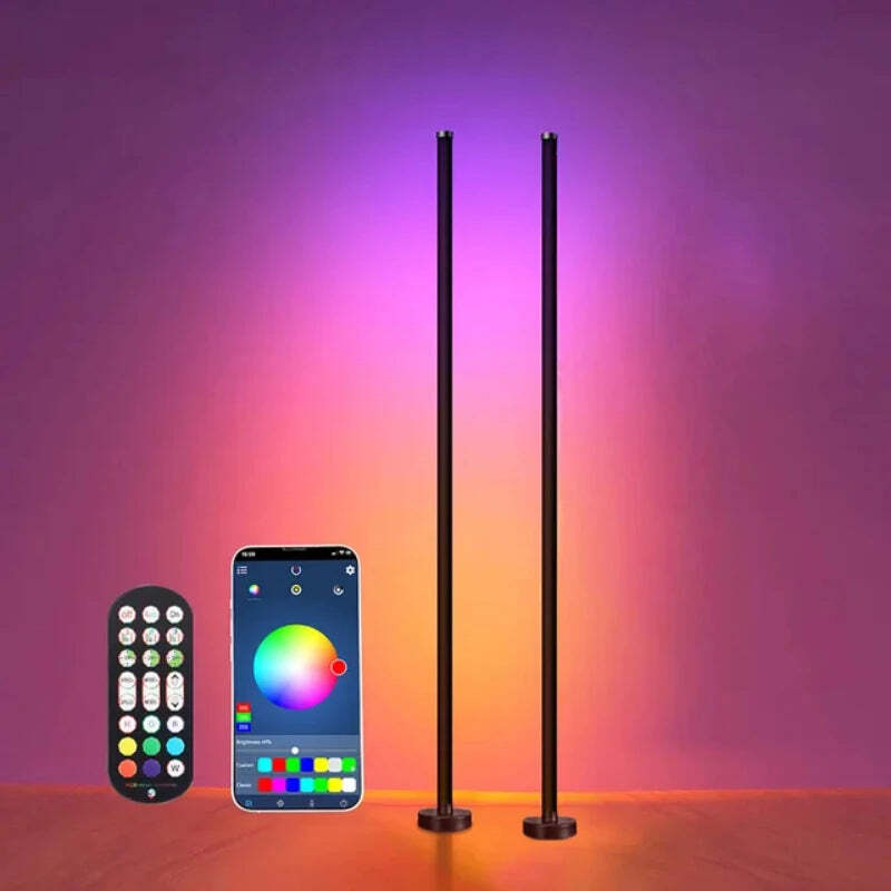 Image of RGB LED floor lamp with remote and APP control, music sync, and smart timer for modern home decor