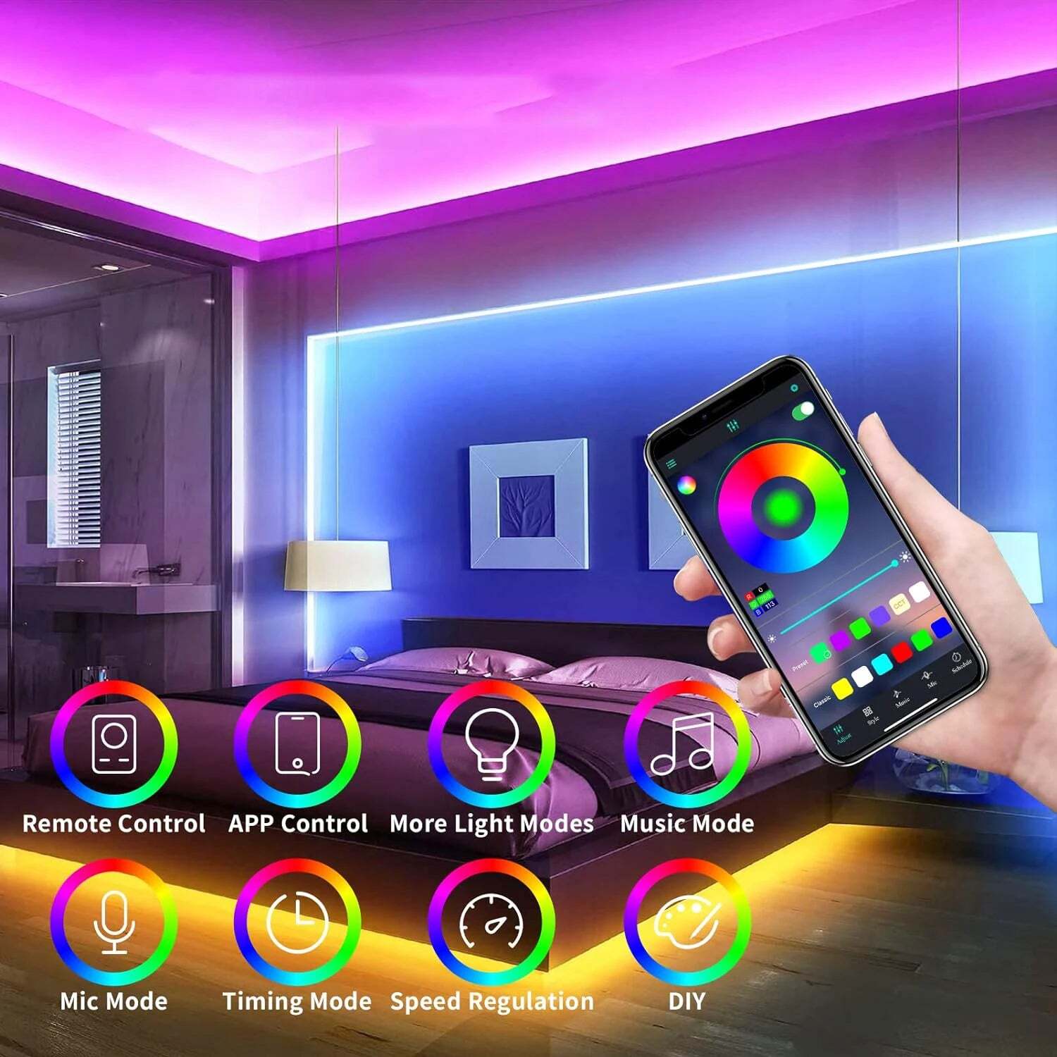 Image of RGB neon LED strip lights with app and remote control for home and outdoor decoration