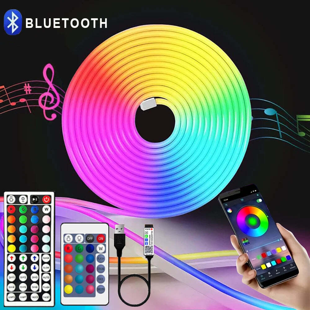 Image of RGB neon LED strip lights with app and remote control for home and outdoor decoration