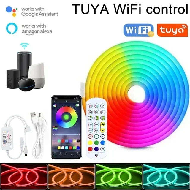 Image of RGB neon LED strip with Tuya app control and Google Assistant compatibility for vibrant room decoration