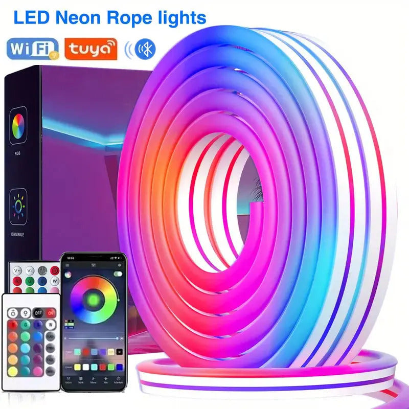 Image of RGB neon LED strip with Tuya app control and Google Assistant compatibility for vibrant room decoration