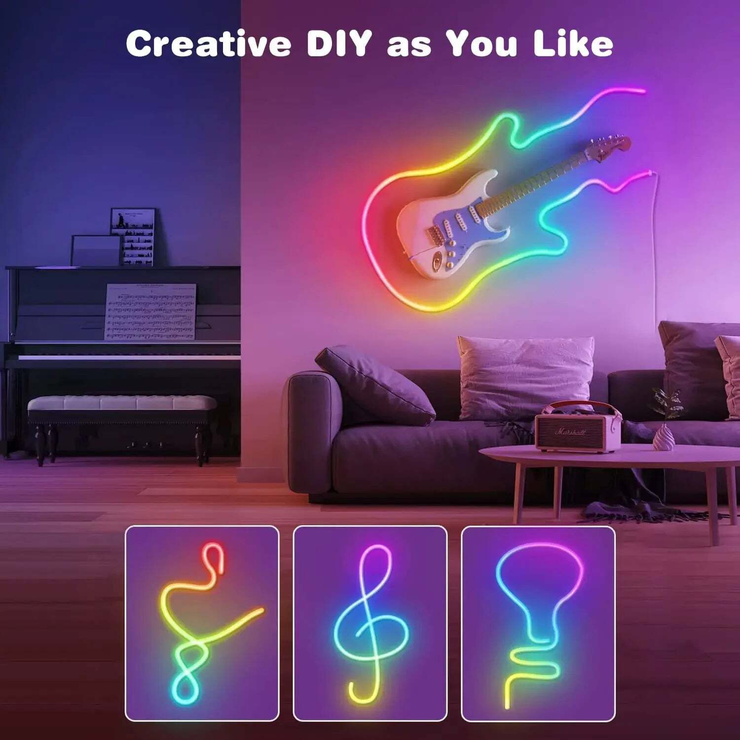 Image of RGBIC neon LED strip lights with music sync for vibrant home decor