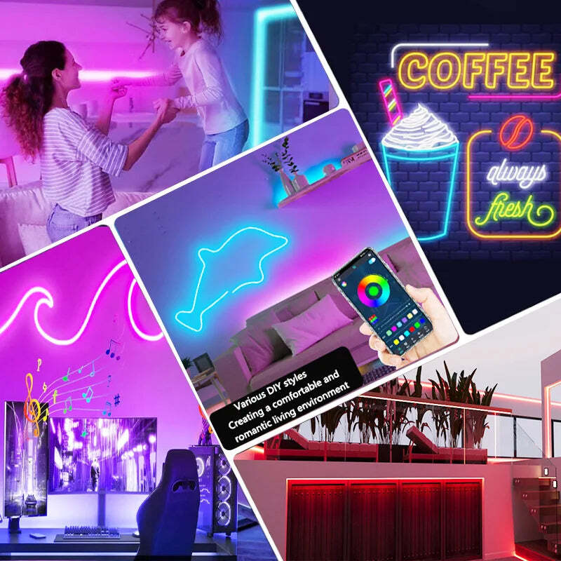 Image of RGBIC neon LED strip lights with music sync for vibrant home decor