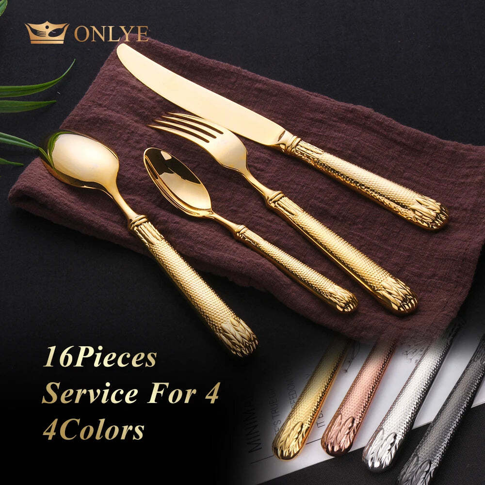 Image of Rose gold 16-piece stainless steel dinnerware set for four, eco-friendly cutlery collection